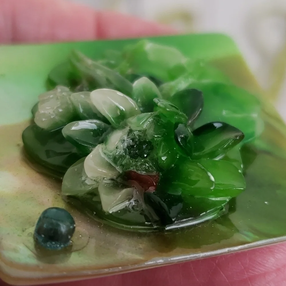 Vintage Brooch Green Floral On Mother of Pearl Look Square/ Diamond Shape